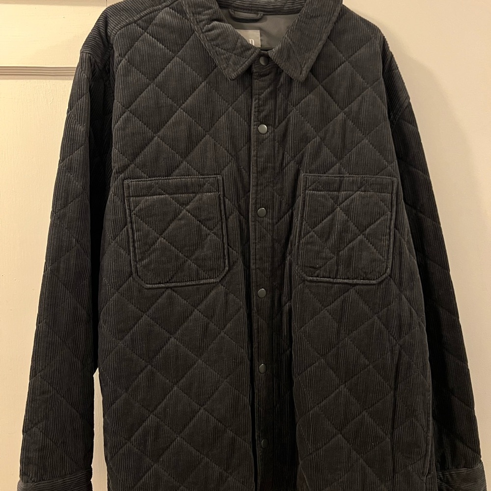 GAP Corduroy Quilted Shirt Jacket Men's XXL Charcoal Gray Snap Front Pockets - Picture 1 of 9